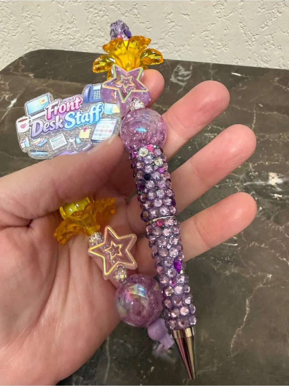 Purple Front Desk Staff Rhinestone Beaded Pen and Matching Badge Reel Handmade